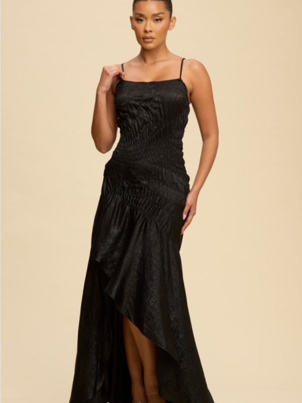 NWT Black Metallic High-Low Ruched Adjustable straps Dress